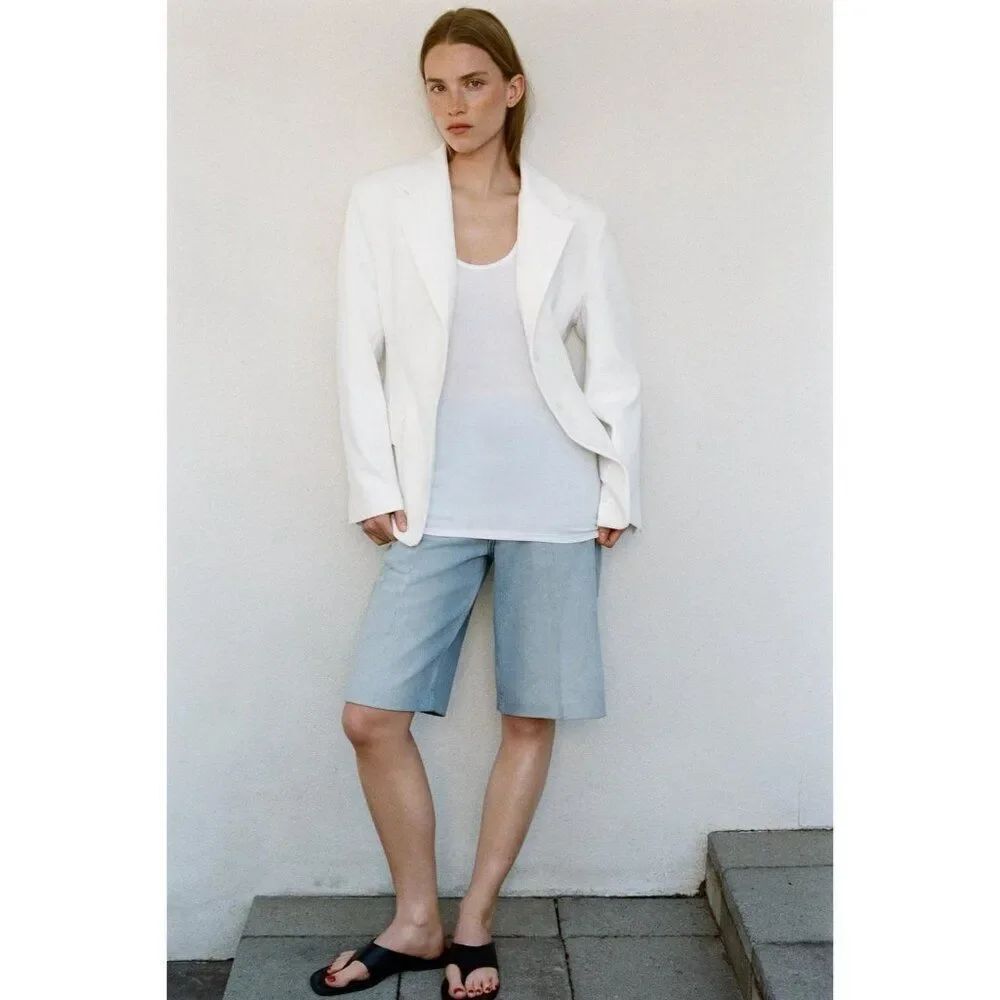 Zara Womens Blazer Suit Jacket L Large White Fitted Waist 2010/810 NWT